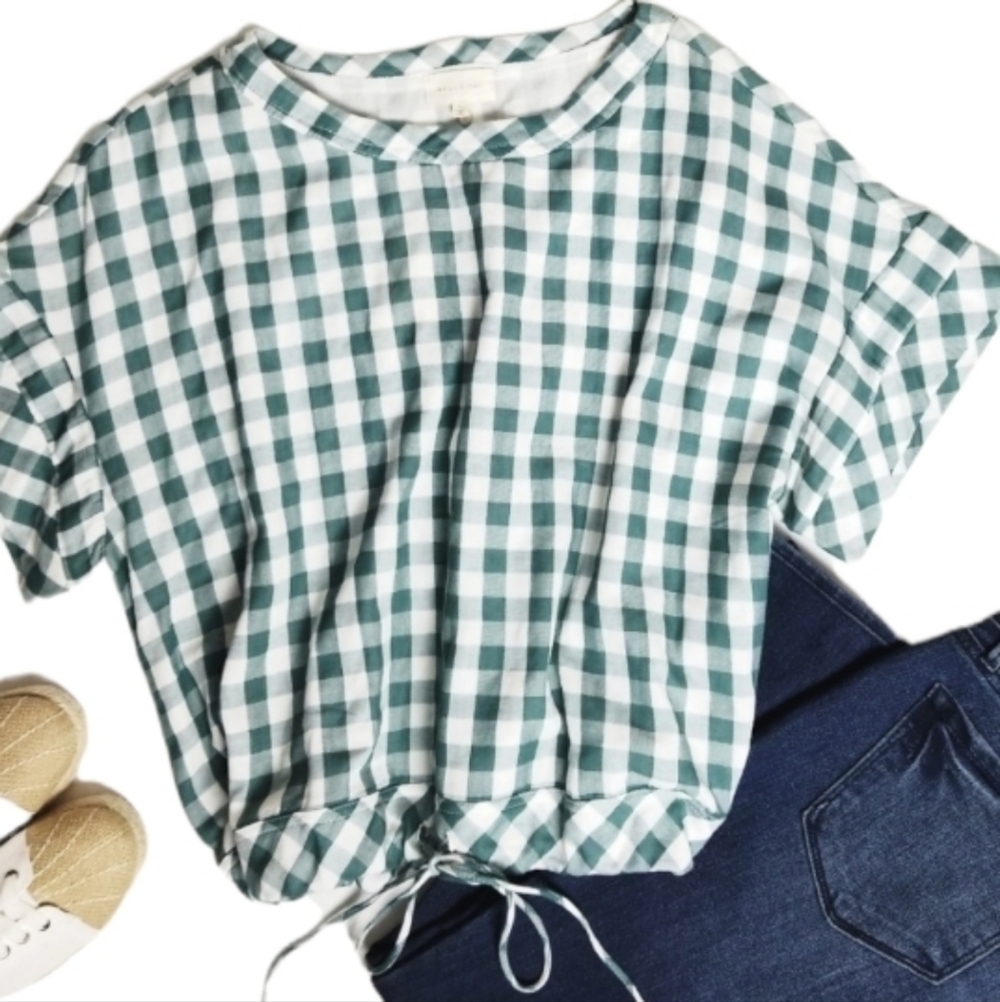 NEW! MELLO DAY Cotton Checkered Drawstring Top Large.